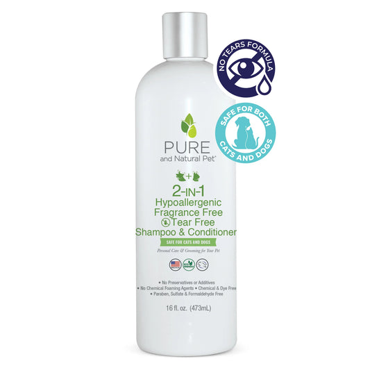 Pure and Natural Organic Pet Shampoo - 2-in-1 Hypoallergenic Fragrance Free Tear Free